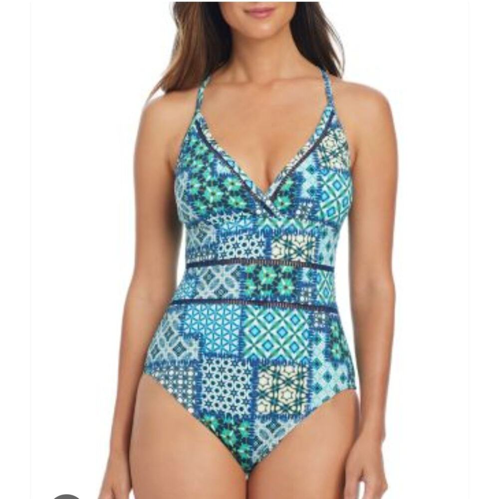 Blue Rod Beattie X Back One Piece Swimsuit SZ 10